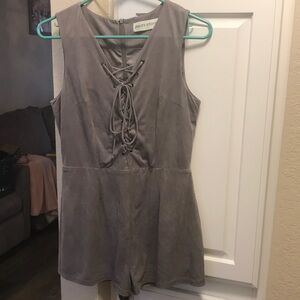 Pants store grey faux suede shorts romper with lace up front